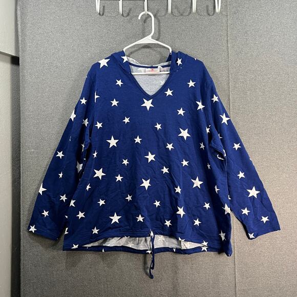 Quacker Factory French Terry Star Bright Hoodie Light Navy Large - Picture 1 of 13
